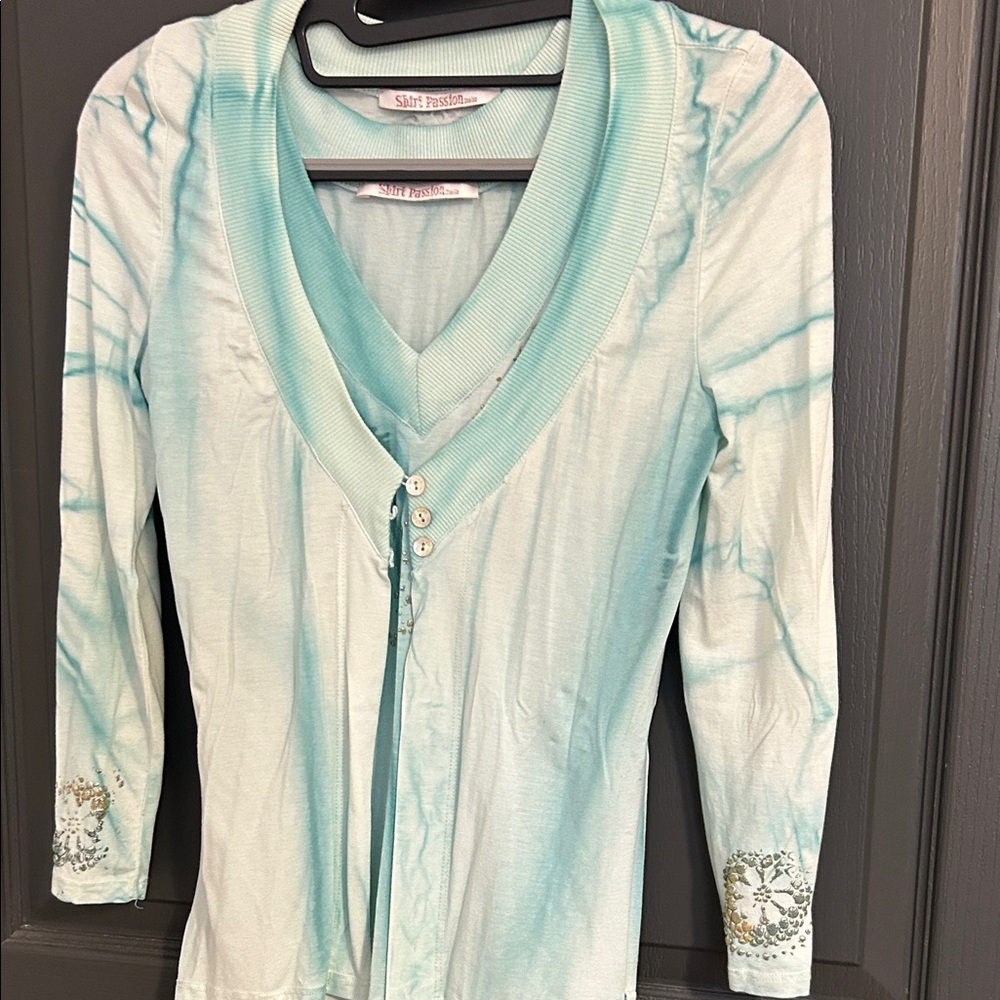 Women's Aqua 2 piece tank and sweater with Embellished Sleeves